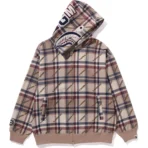 A Bathing Ape Logo Check Pattern Shark Full Zip Hoodie Mens-Beige
