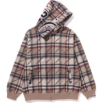 A Bathing Ape Logo Check Pattern Shark Full Zip Hoodie Mens-Beige