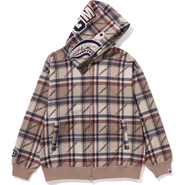 A Bathing Ape Logo Check Pattern Shark Full Zip Hoodie Mens-Beige