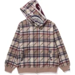 A Bathing Ape Logo Check Pattern Shark Full Zip Hoodie Mens-Beige