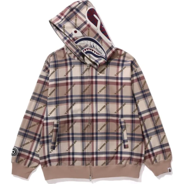 A Bathing Ape Logo Check Pattern Shark Full Zip Hoodie Mens-Beige