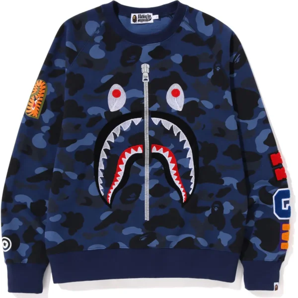 Bape Color Camo Embroidery Shark Crewneck Mens-Blue