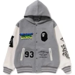 Bape Lux Sport Badges Oversized Hooded Sweat Varsity Jacket Mens-Gray