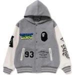 Bape Lux Sport Badges Oversized Hooded Sweat Varsity Jacket Mens-Gray