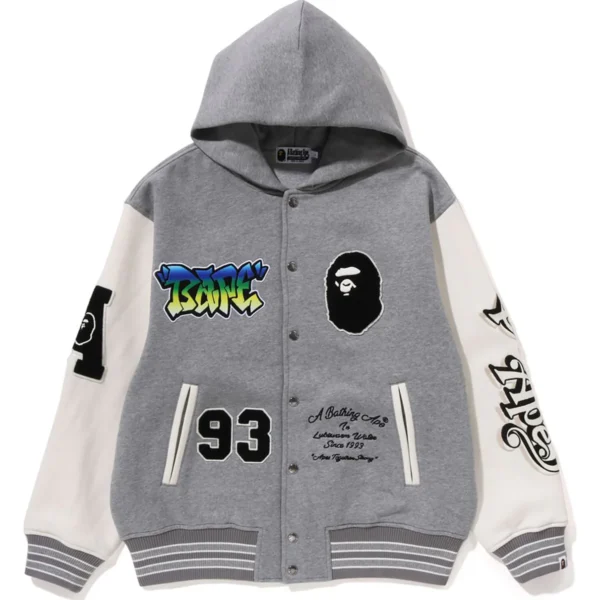 Bape Lux Sport Badges Oversized Hooded Sweat Varsity Jacket Mens-Gray