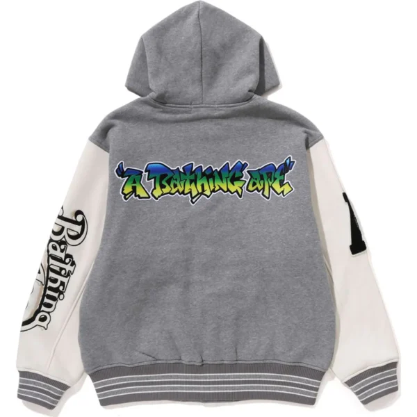 Bape Lux Sport Badges Oversized Hooded Sweat Varsity Jacket Mens-Gray
