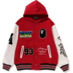 Bape Lux Sport Badges Oversized Hooded Sweat Varsity Jacket Mens-Red