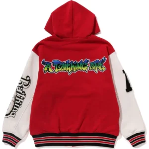 Bape Lux Sport Badges Oversized Hooded Sweat Varsity Jacket Mens-Red