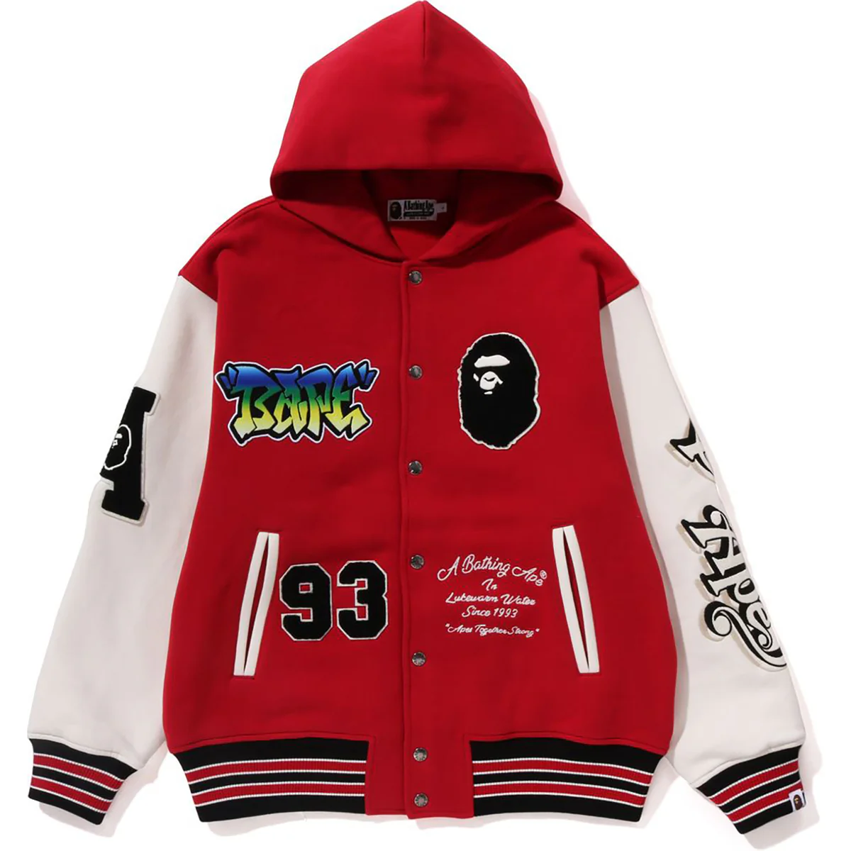 Bape Lux Sport Badges Oversized Hooded Sweat Varsity Jacket Mens-Red Bape Lux Sport Badges Oversized Hooded Sweat Varsity Jacket Mens-Red