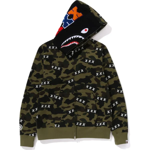 Bape X God Selection XXX Shark Full Zip Hoodie Mens-Green