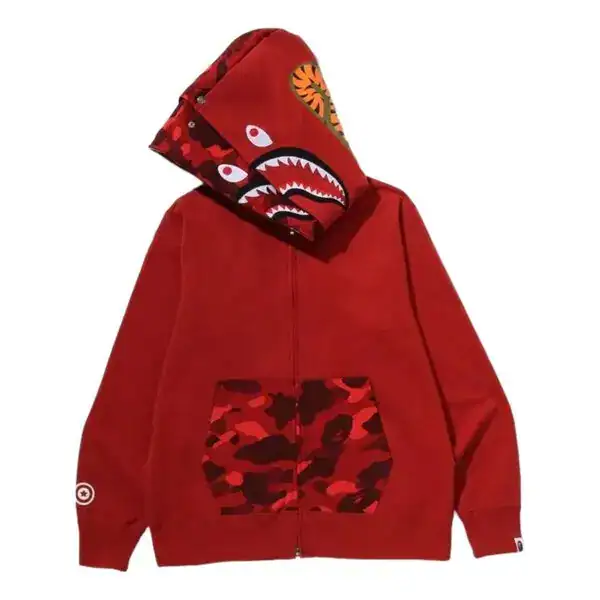 Bape Color Camo Shark Full Zip Double Hoodie - Red